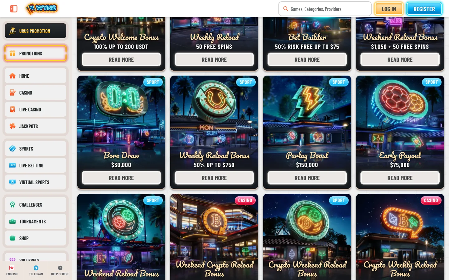 Wyns Casino promotion cards showing reload bonus and cashback offers for Canada